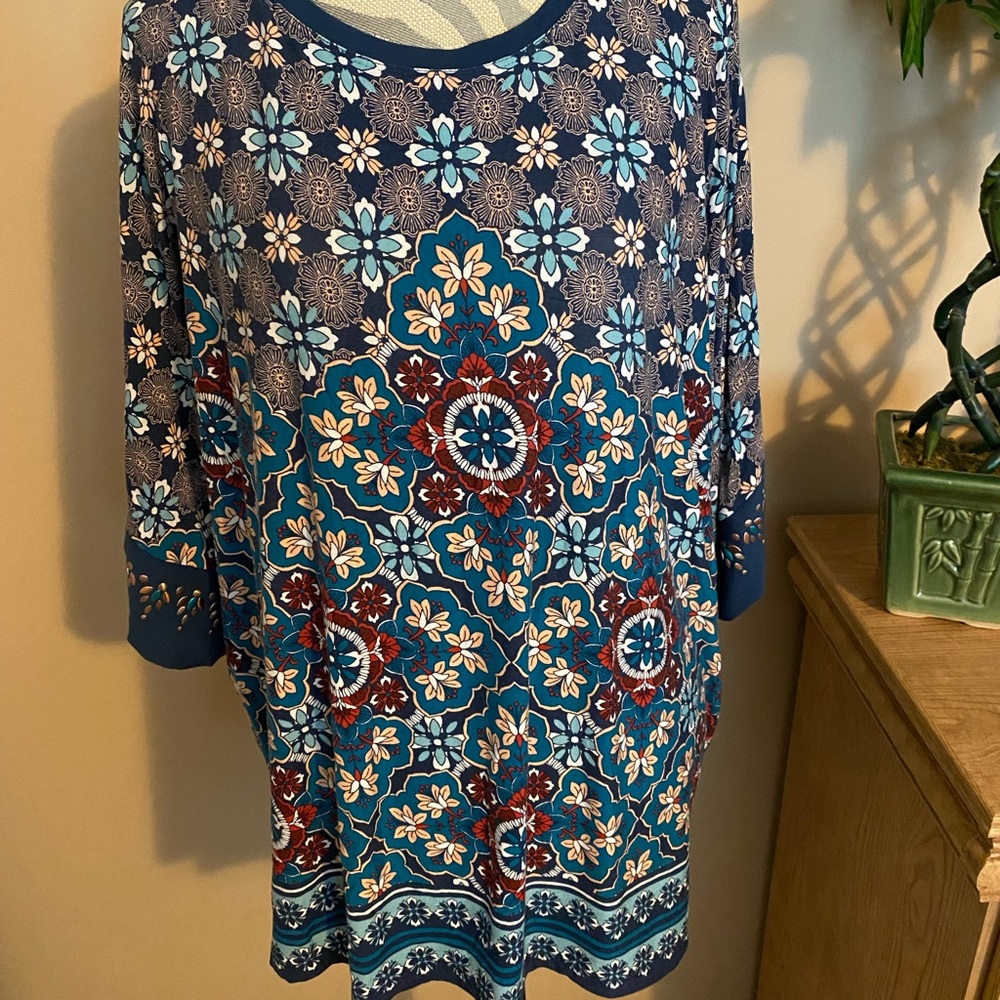 Ruby Rd Boho print top with brass accents